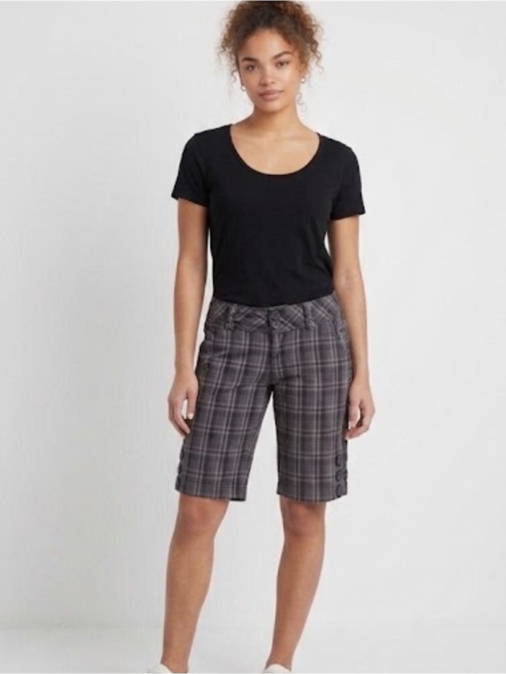 Vintage Rewind Gray Plaid Low Rise Cotton Stretch Bermuda Shorts Sz 3